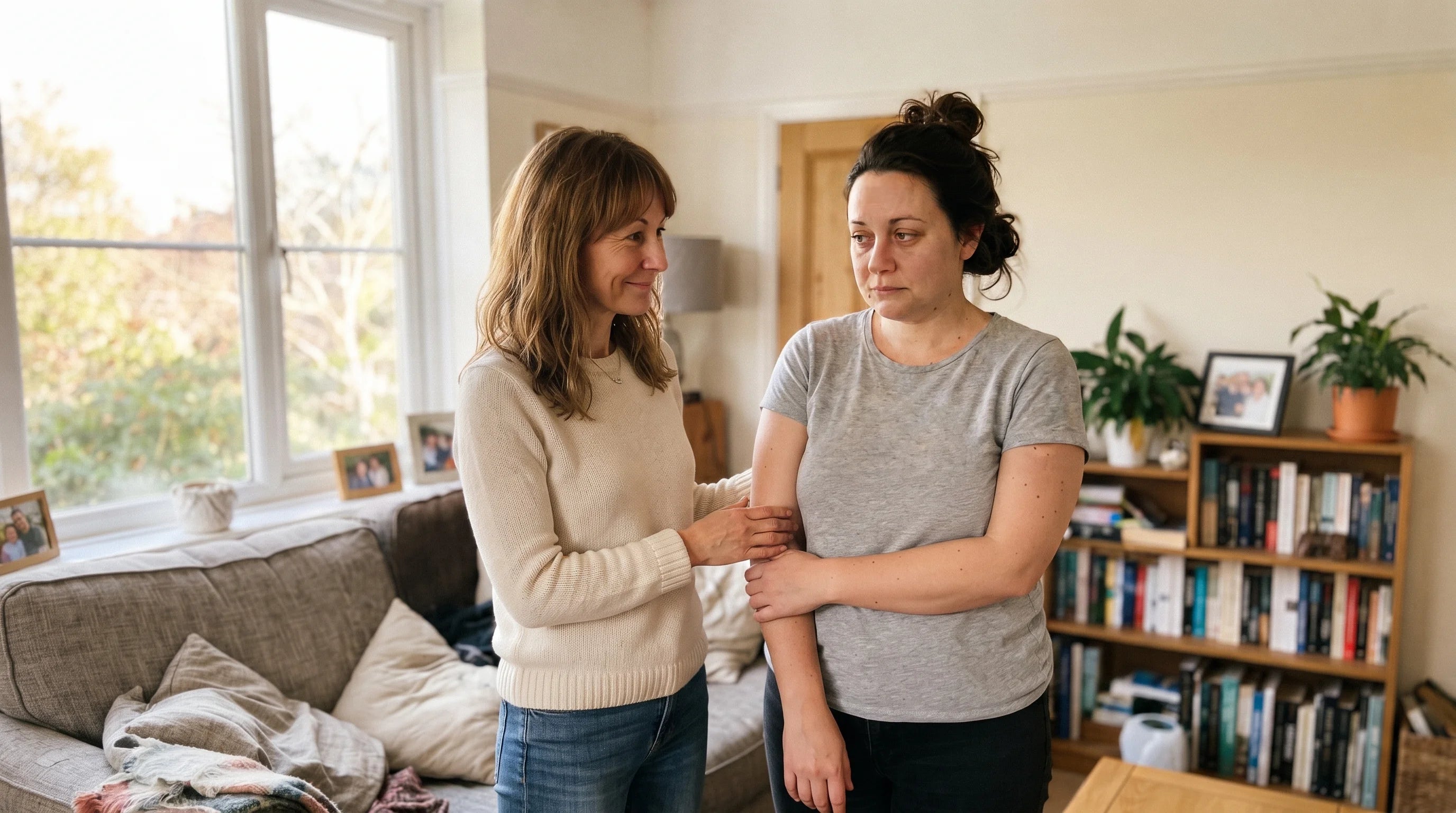 Two sisters side by side in a kitchen, one slim with a gentle apologetic expression, the other heavier and tired