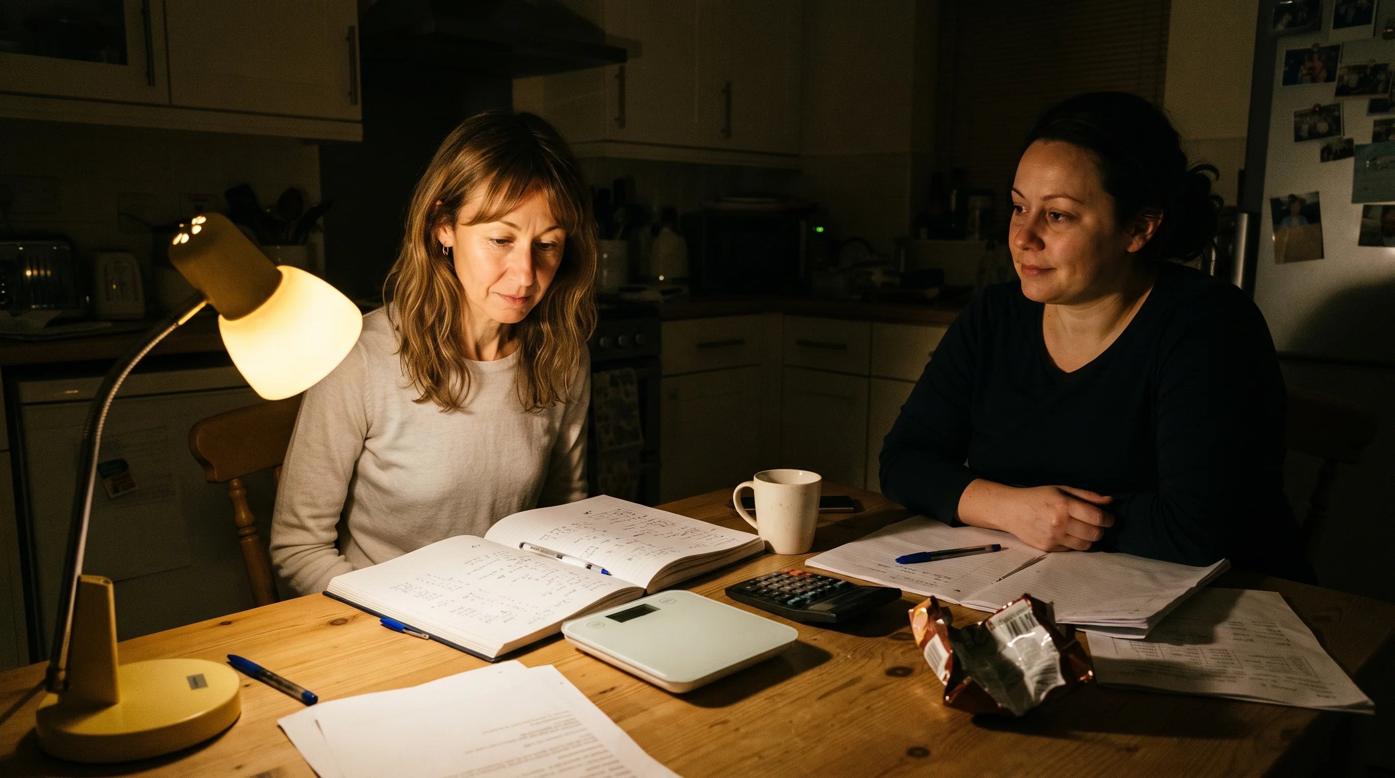 Dana at kitchen table with food journals, food scale and calculator, staring stunned at the numbers while her sister sits across