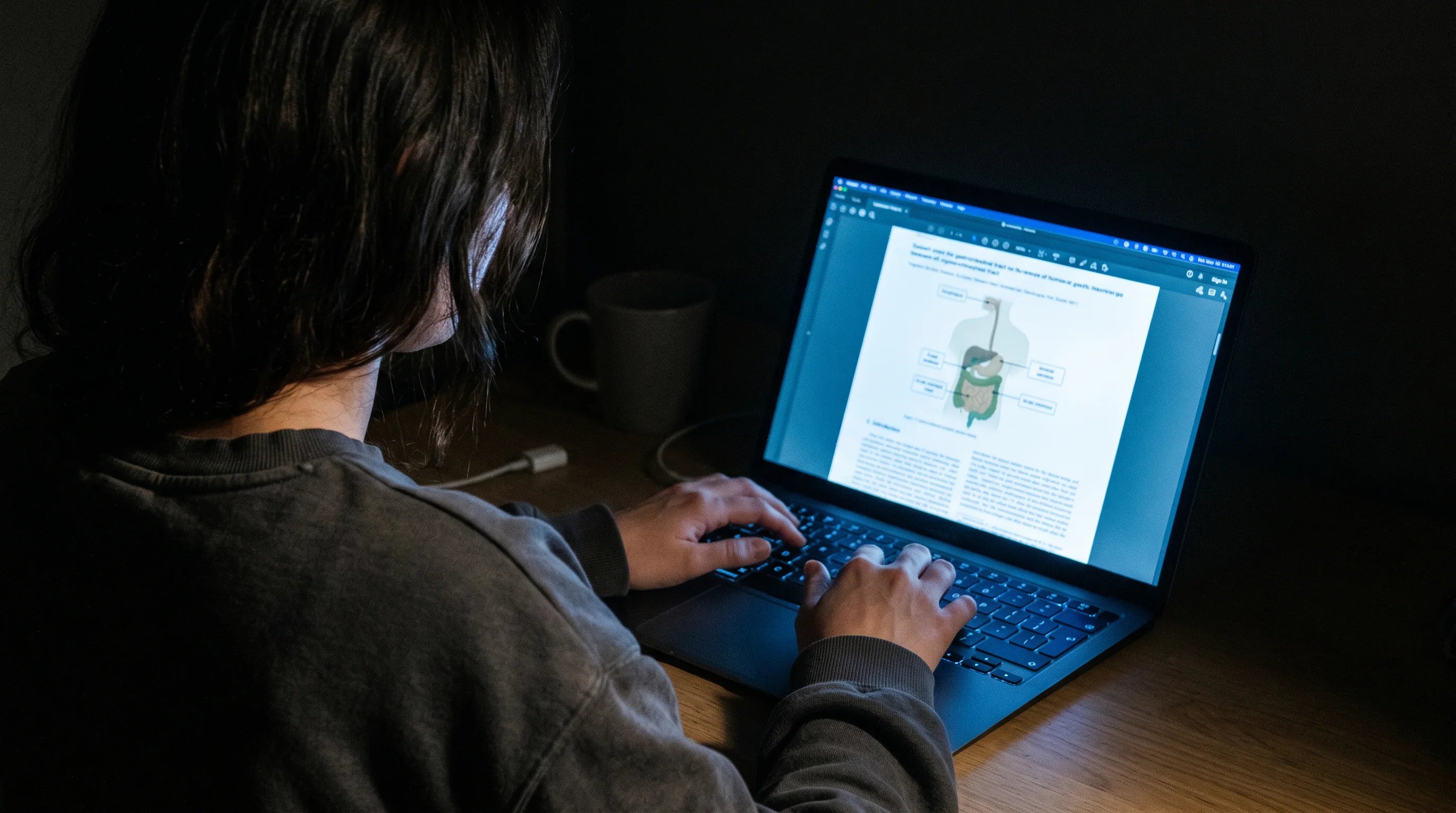 Laptop glowing in a dark room at night with a research paper on screen showing a diagram of the digestive system