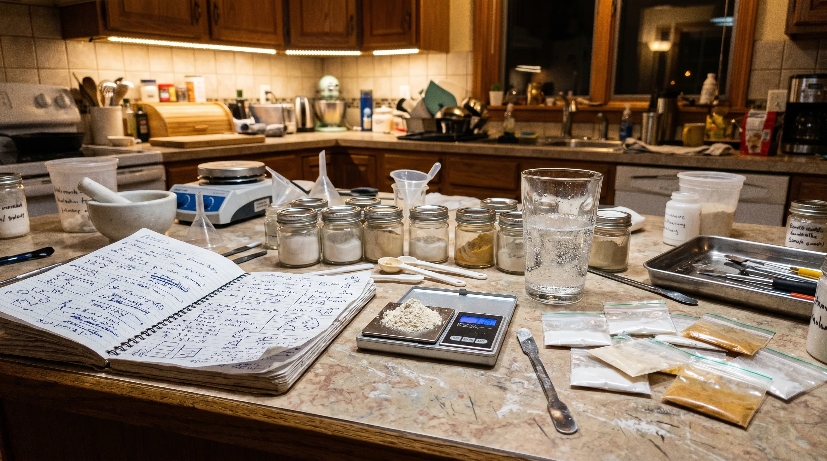 Dana kitchen counter turned into a makeshift lab with small jars of powder, a digital scale, a notebook of scribbled ratios and dozens of little baggies