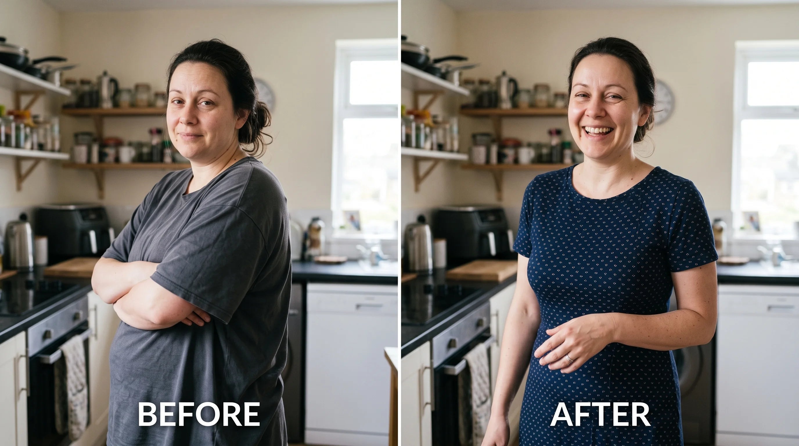 Side-by-side before and after of Rachel in the same kitchen, before heavier in a baggy shirt and after 41 pounds lighter standing tall in a fitted dress