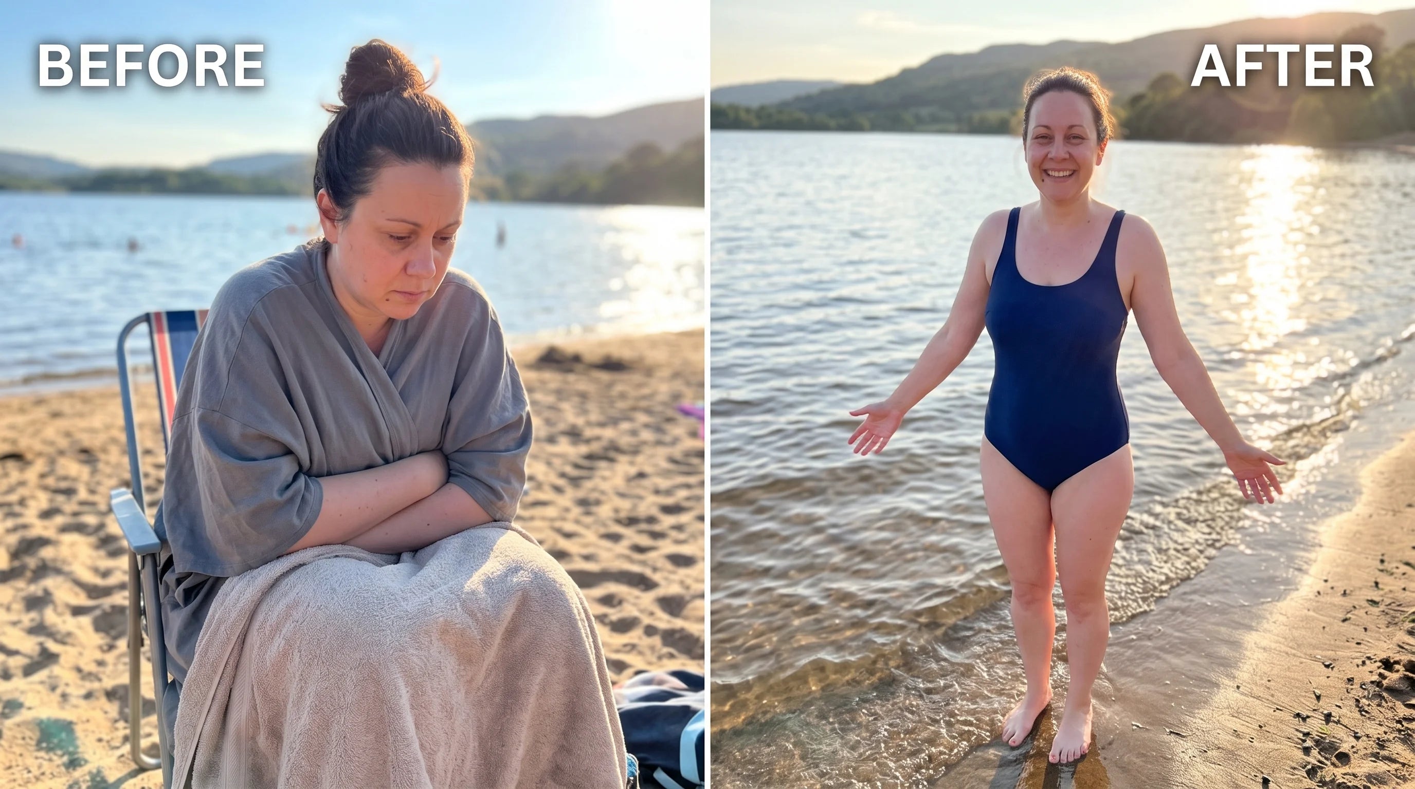 Before and after of Rachel at the lake, before hunched in a cover-up watching from the sidelines and after in a swimsuit laughing with her kids in the water