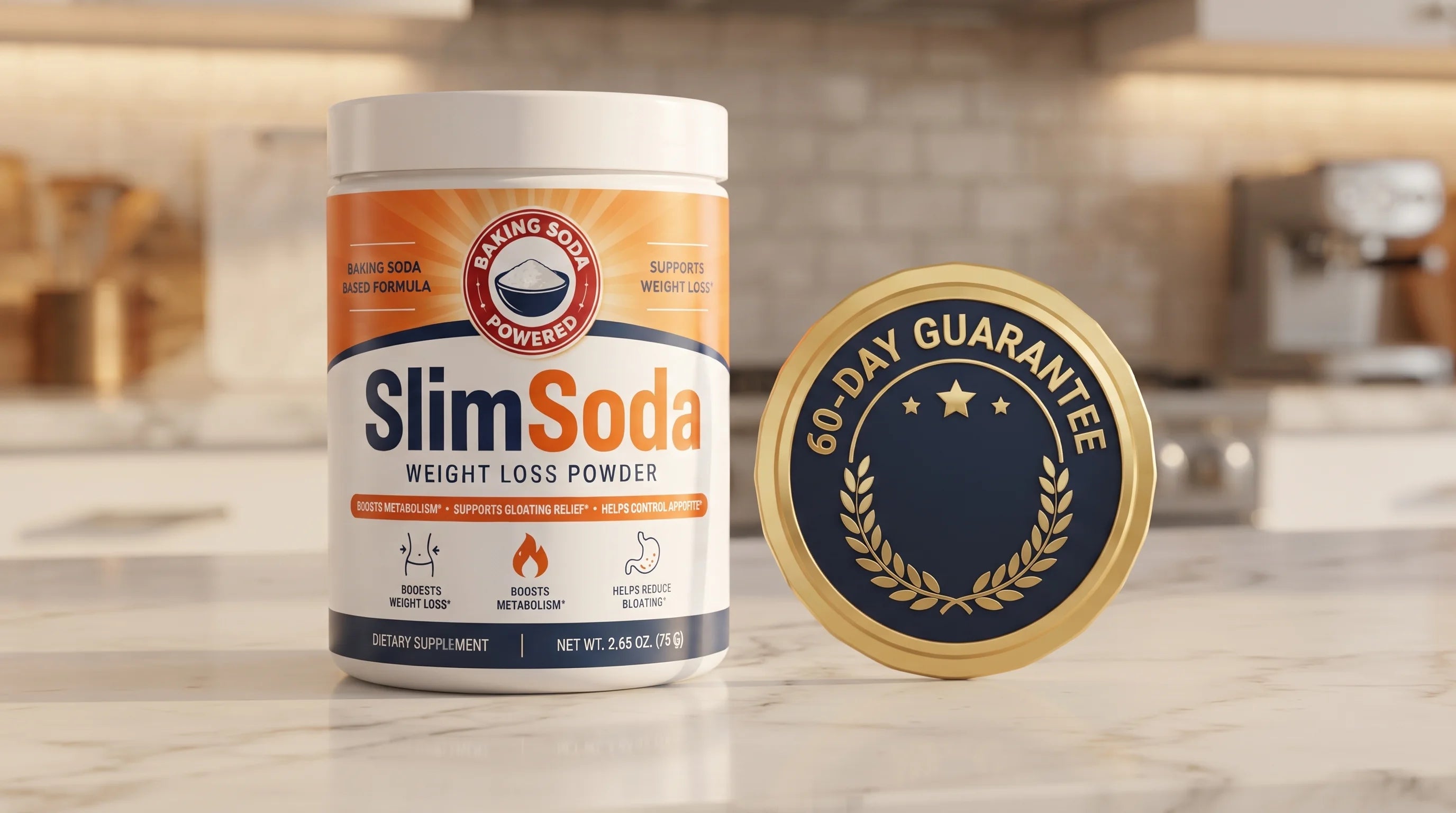 60-day money-back guarantee badge next to a SlimSoda tub