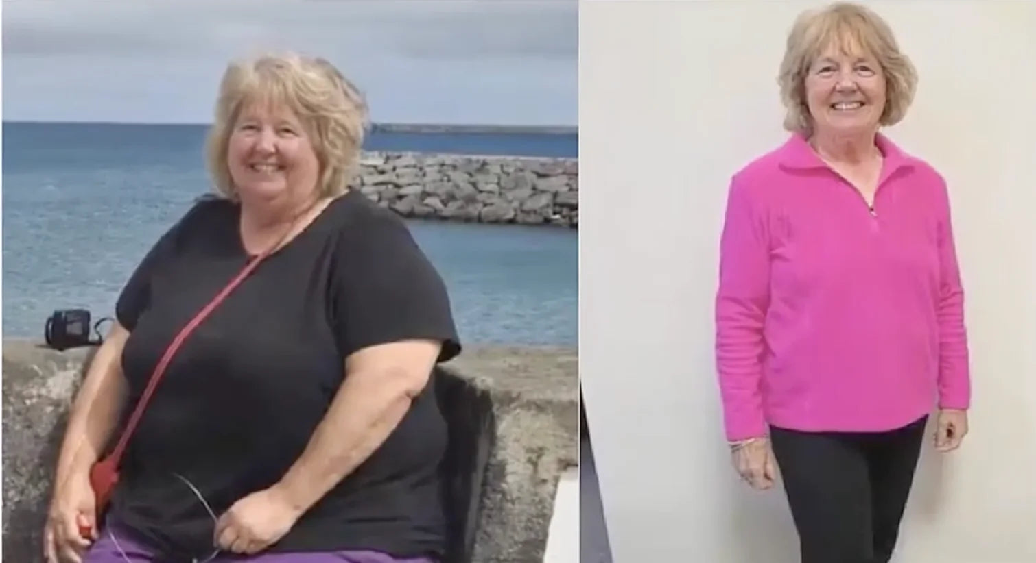 Before and after of Linda, 63, retired teacher, before tired in a baggy cardigan, after 22 pounds lighter smiling in a fitted sweater holding a SlimSoda tub