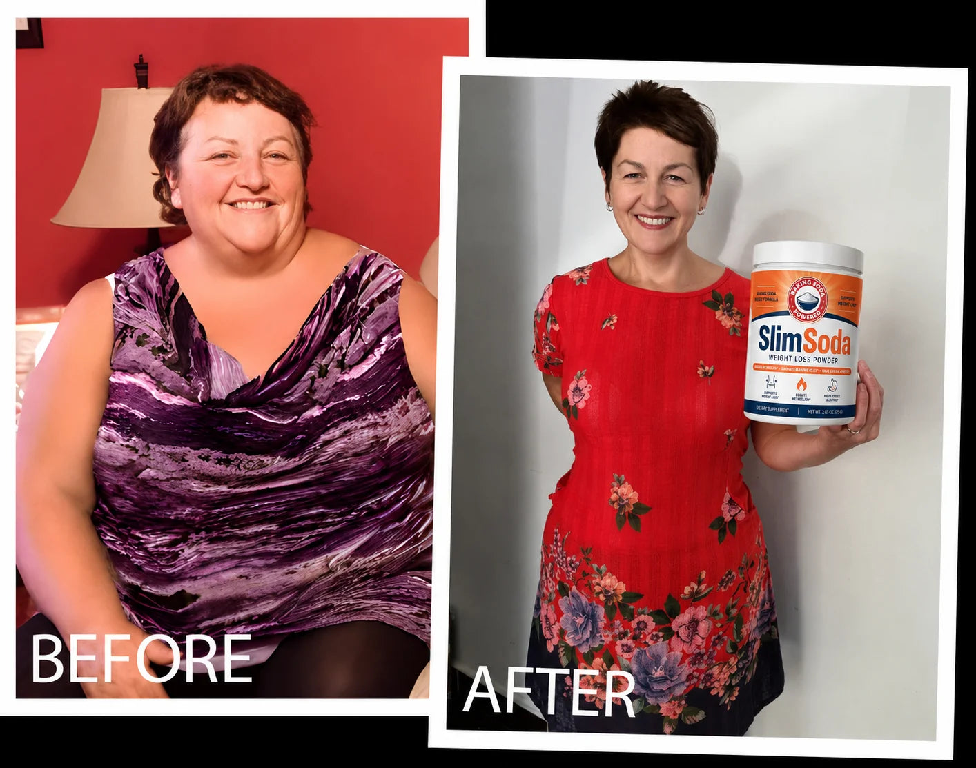 Before and after of Marlene, 67, grandmother, before avoiding the camera in a bathrobe, after smiling in dark-wash jeans she pulls out at the waist