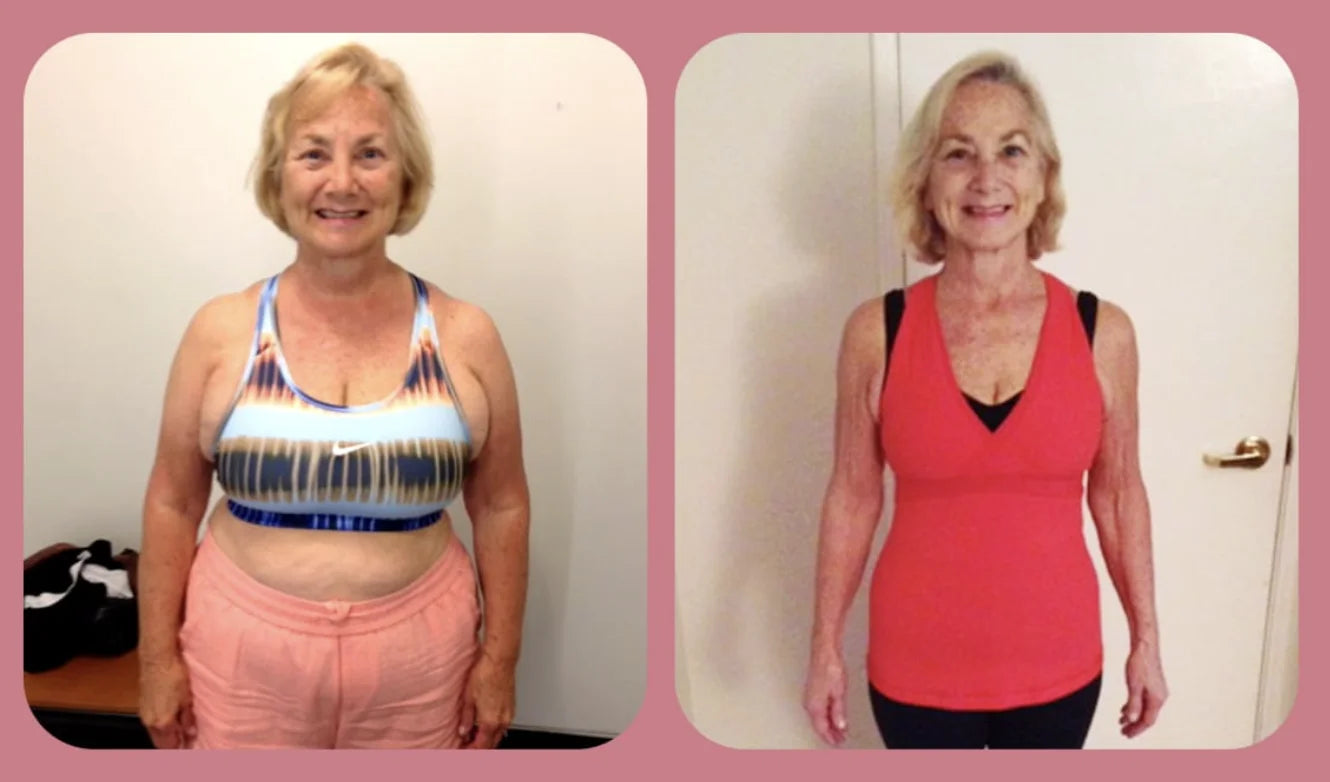 Before and after of Diane, 71, retired, before heavier sitting with low energy, after slimmer standing confidently outdoors and glowing